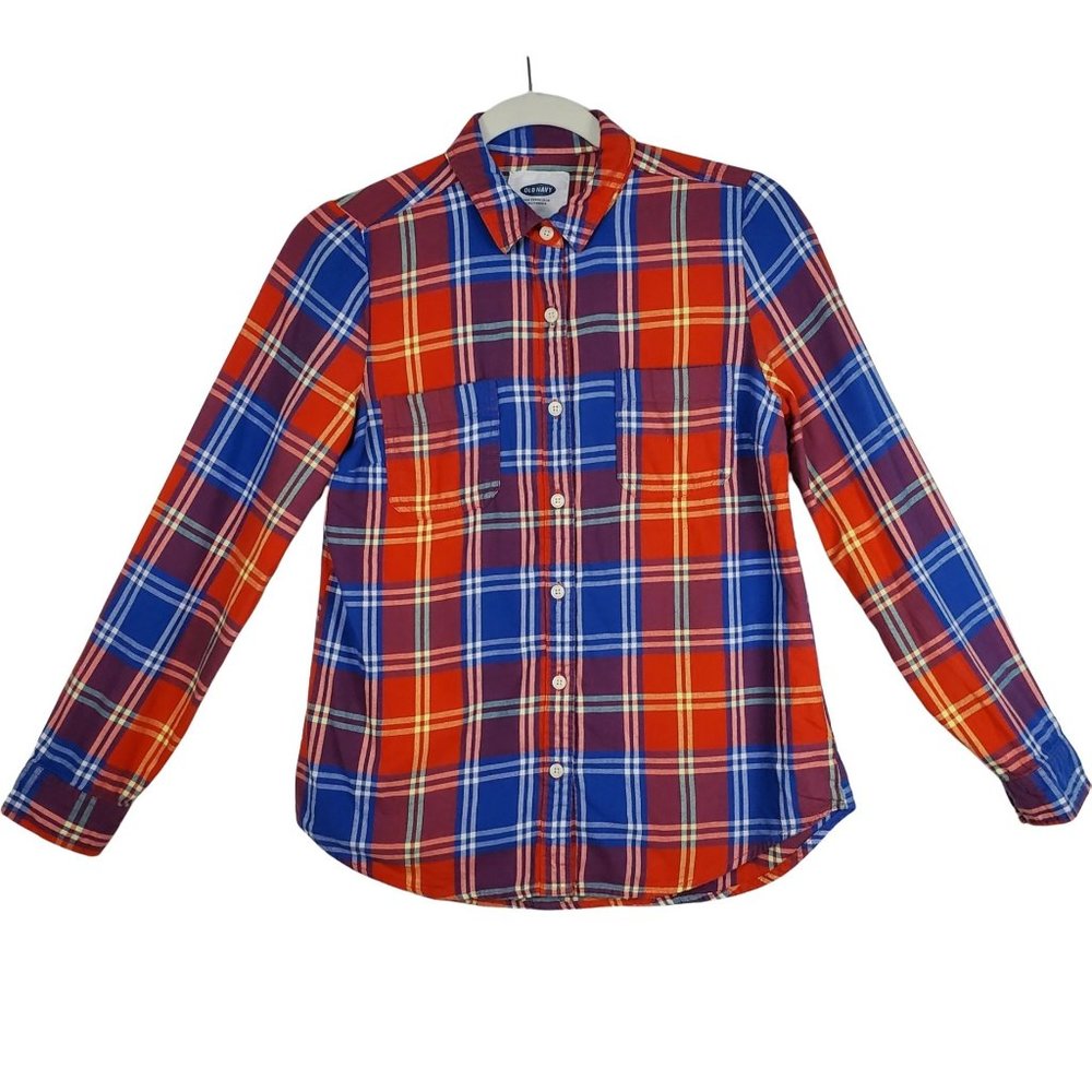 Old Navy Women tops sz S Button Down long sleeve flannel shirt red blue colors